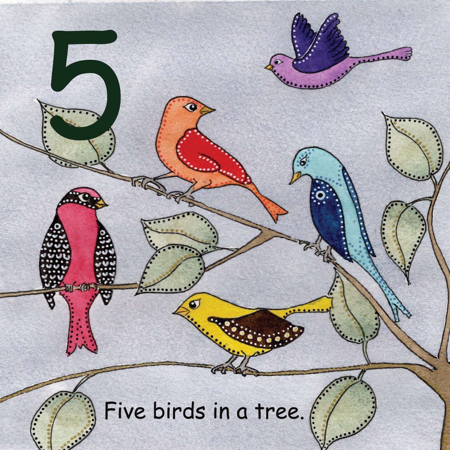 Five birds in a tree.