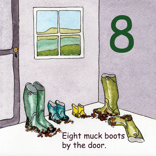 Eight muck boots by the door.