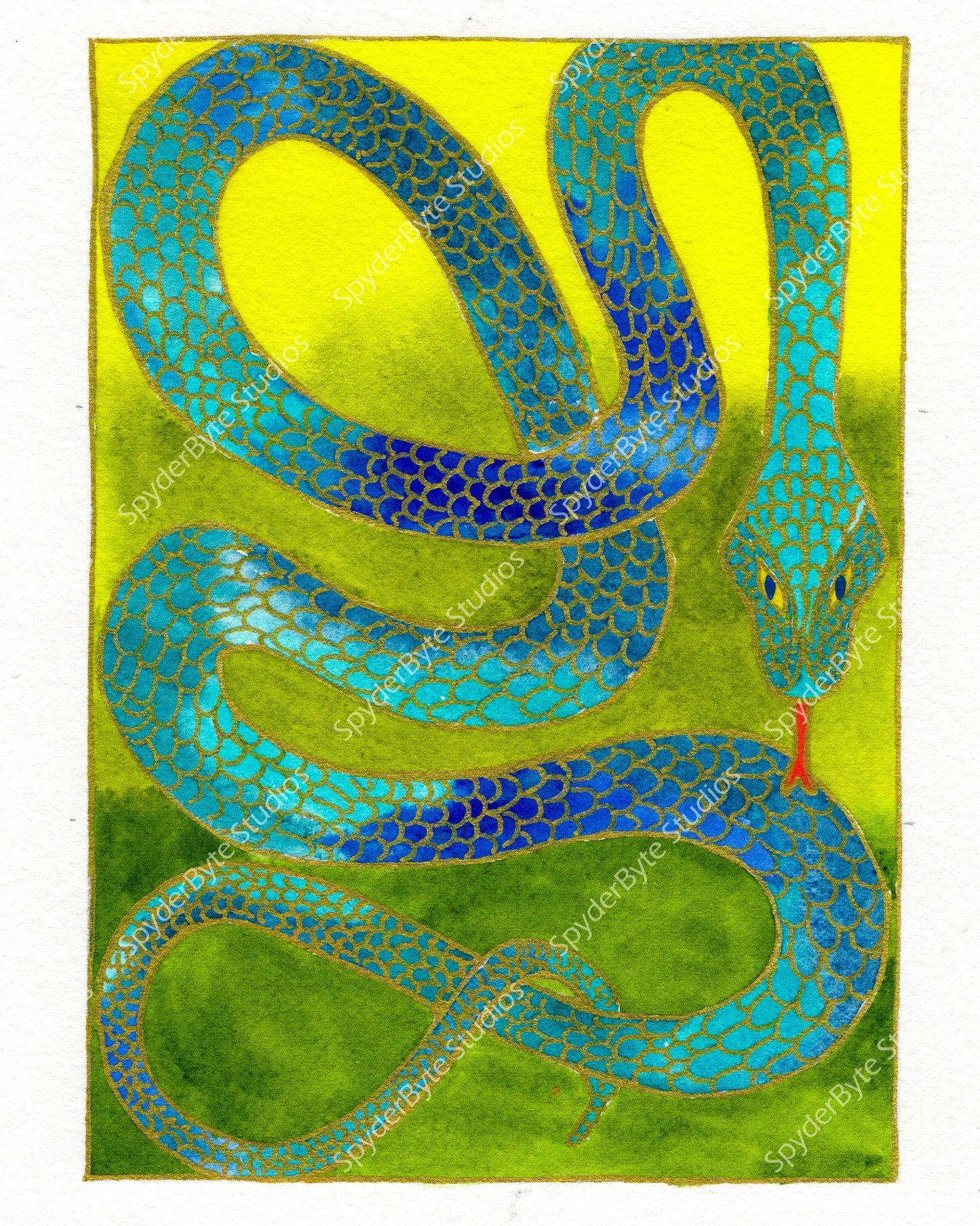 Aztec Snake. Watercolor art print.