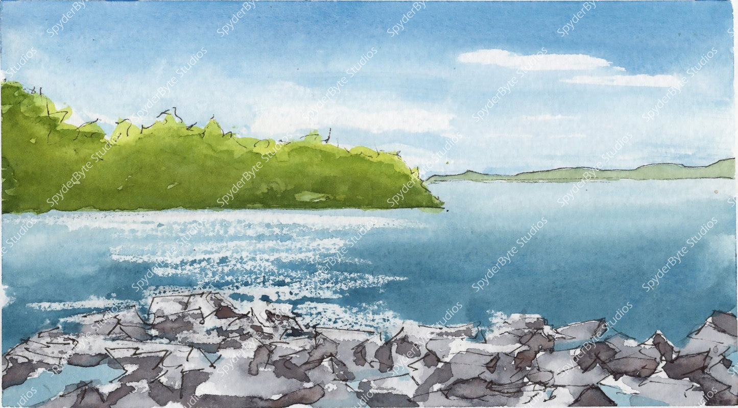 George's Island. Landscape in watercolor and ink.
