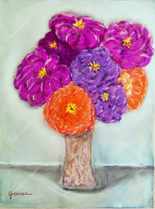 Bouquet of Zinnias. Art print.